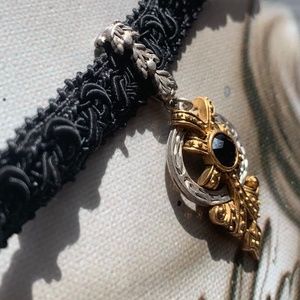 Victorian Choker Fabric Silver And Goldtone W/Stone Vintage